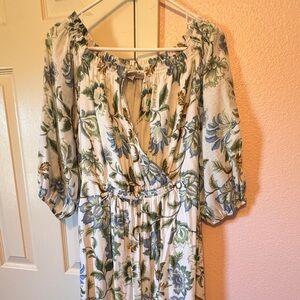 LOFT Cream Maxi Dress with Blue and Green Floral Print